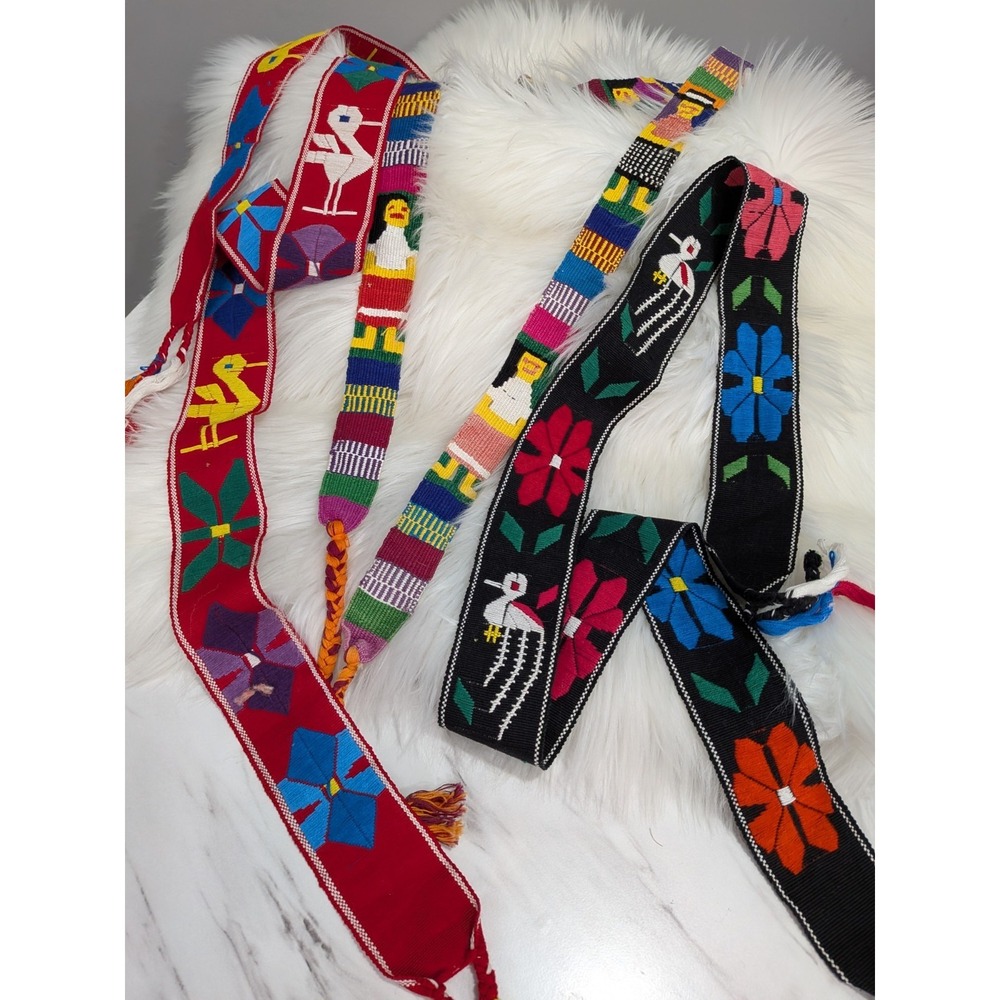 LOT 3 Vintage Mid Century Handmade Guatemalan Woven Belt Multi‎ Color Faja Cinta